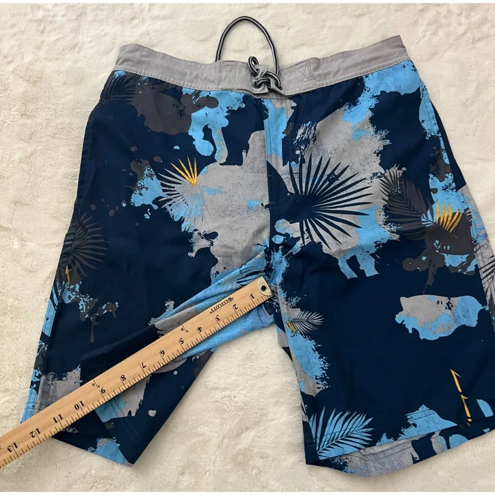 George Mens Swim Trunks Medium 32-34 Blue Gray Tropical Board Shorts Drawstring